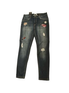 Kensie Knockout Skinny Jeans Women 10 Blue Denim Distressed Embroidered Mid Rise